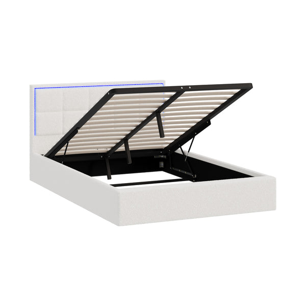  Bed Frame King Single & Double Size RGB LED Gas Lift Storage Base White Boucle