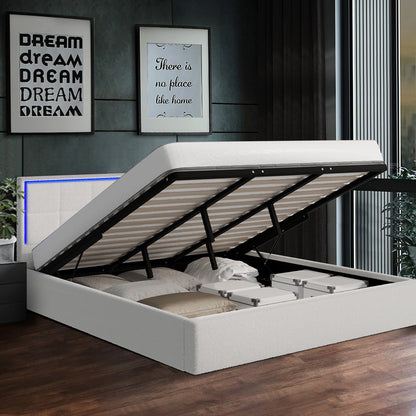 Bed Frame King Single & Double Size RGB LED Gas Lift Storage Base White Boucle