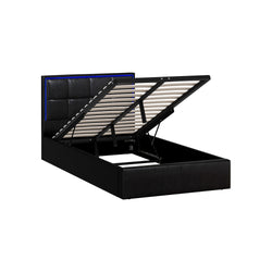 Bed Frame King Single RGB LED Gas Lift Storage Base Leather