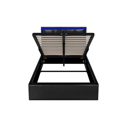 Bed Frame King Single RGB LED Gas Lift Storage Base Leather
