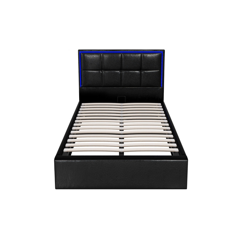 Bed Frame King Single RGB LED Gas Lift Storage Base Leather