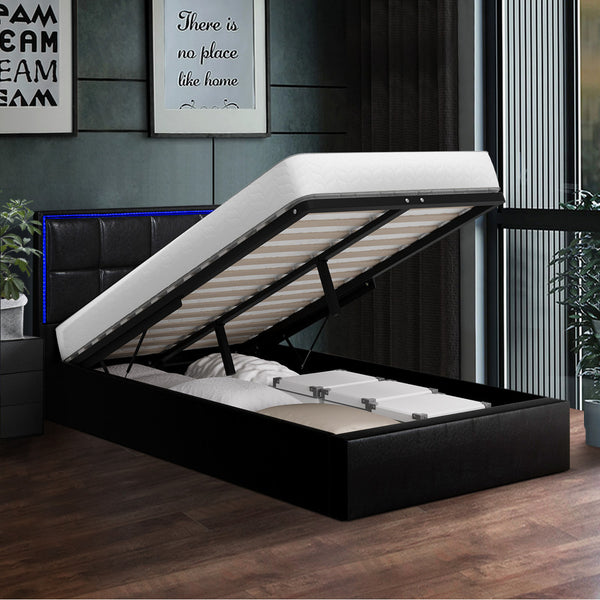  Bed Frame King Single RGB LED Gas Lift Storage Base Leather