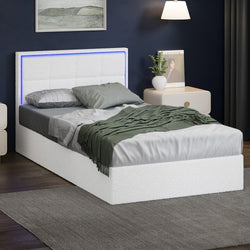 Bed Frame King Single RGB LED Gas Lift Storage Base White Boucle