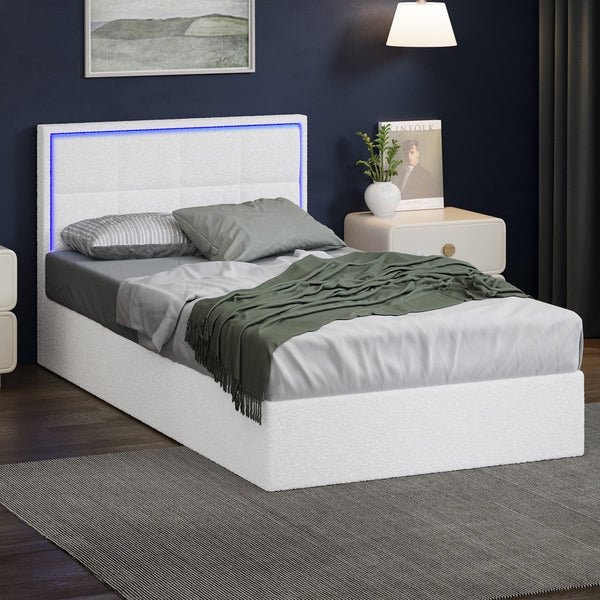  Bed Frame King Single RGB LED Gas Lift Storage Base White Boucle