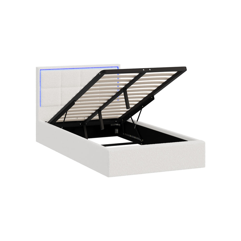 Bed Frame King Single RGB LED Gas Lift Storage Base White Boucle