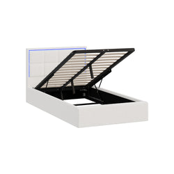 Bed Frame King Single RGB LED Gas Lift Storage Base White Boucle