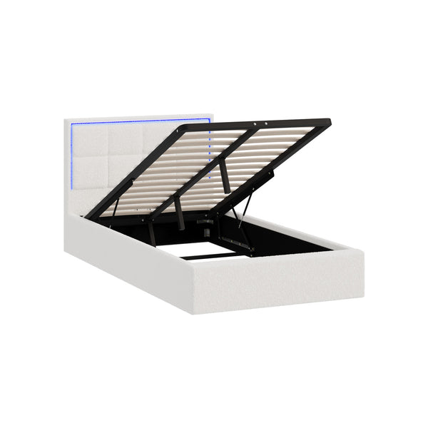  Bed Frame King Single RGB LED Gas Lift Storage Base White Boucle