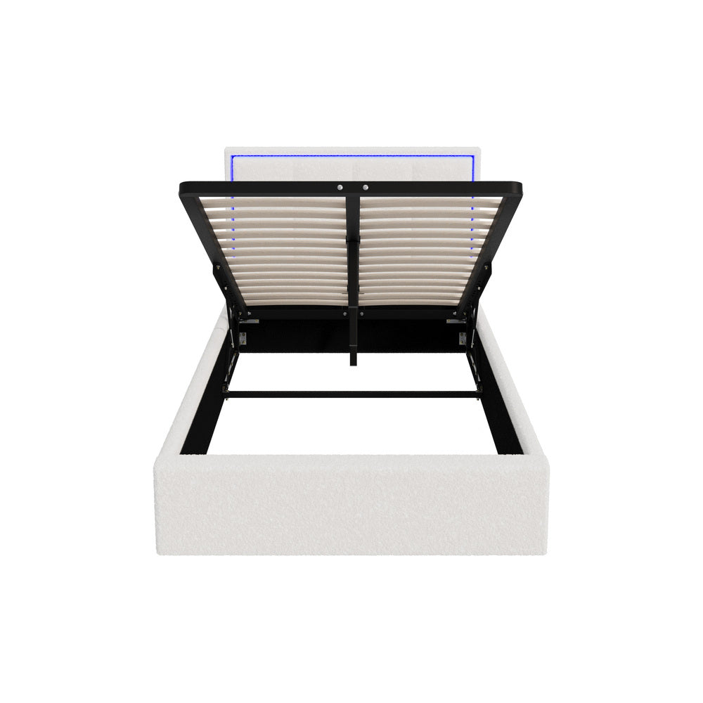 Bed Frame King Single RGB LED Gas Lift Storage Base White Boucle