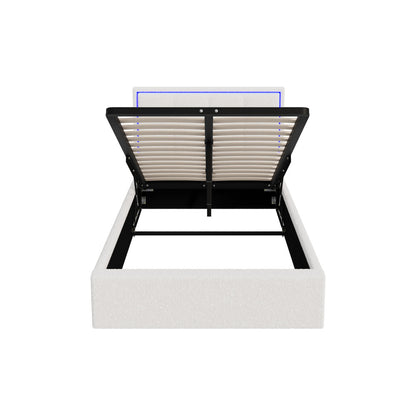 Bed Frame King Single RGB LED Gas Lift Storage Base White Boucle