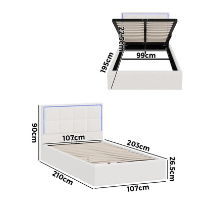 Bed Frame King Single RGB LED Gas Lift Storage Base White Boucle
