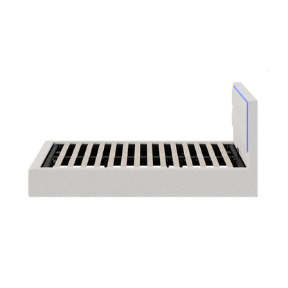 Bed Frame King Single RGB LED Gas Lift Storage Base White Boucle