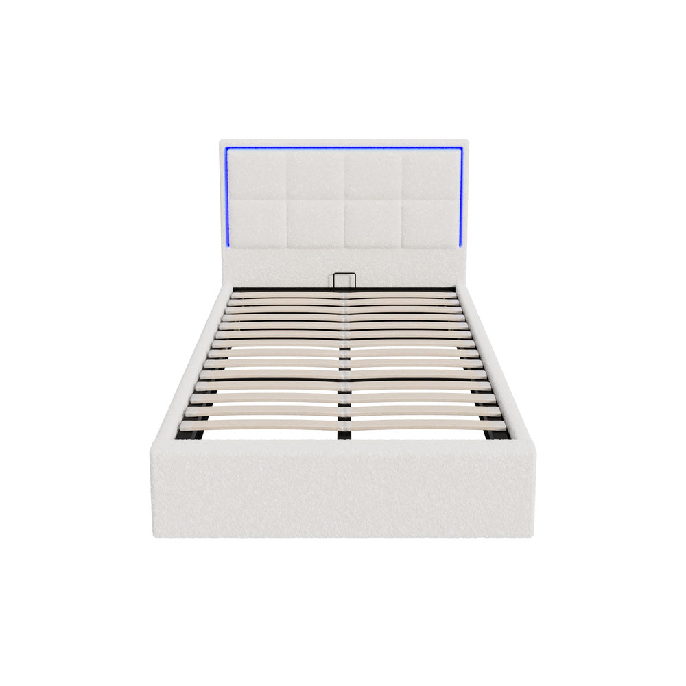 Bed Frame King Single RGB LED Gas Lift Storage Base White Boucle