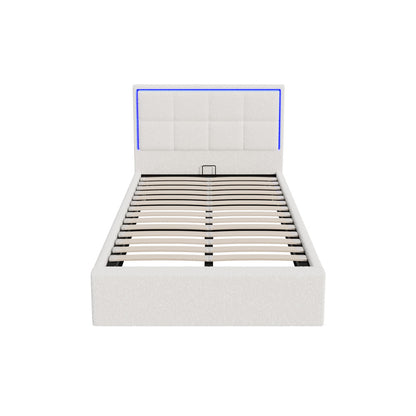 Bed Frame King Single RGB LED Gas Lift Storage Base White Boucle