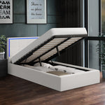 Bed Frame King Single RGB LED Gas Lift Storage Base White Boucle