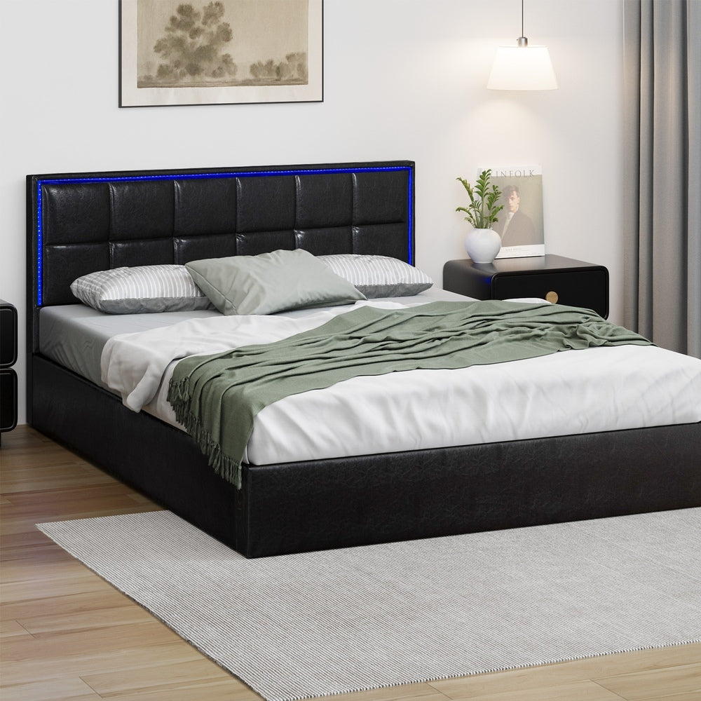 Bed Frame Queen Size RGB LED Gas Lift Storage Base Leather