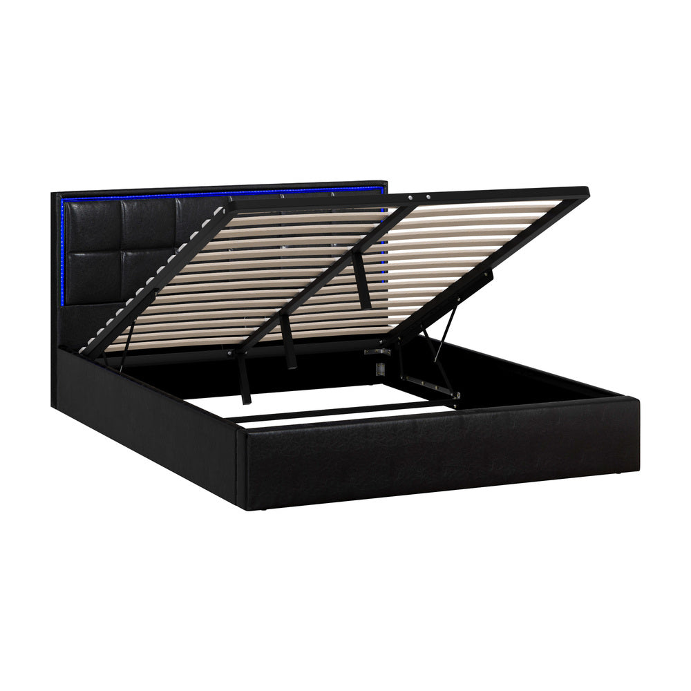 Bed Frame Queen Size RGB LED Gas Lift Storage Base Leather
