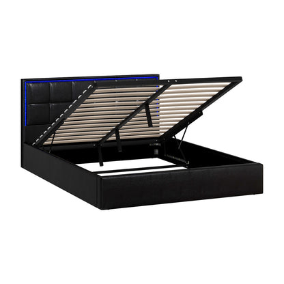 Bed Frame Queen Size RGB LED Gas Lift Storage Base Leather
