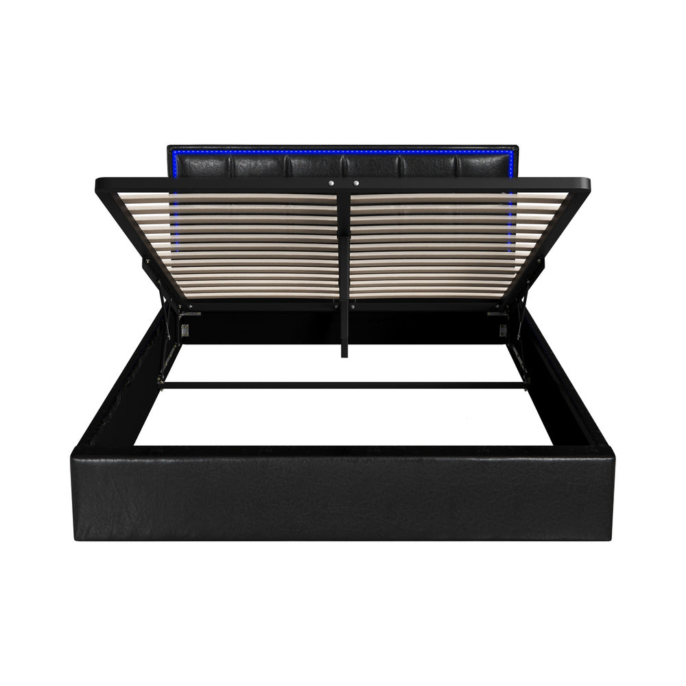 Bed Frame Queen Size RGB LED Gas Lift Storage Base Leather