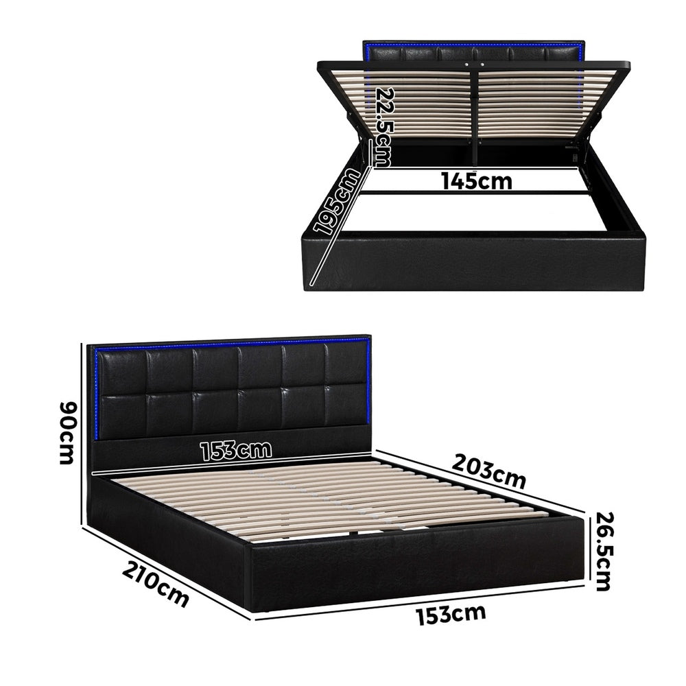 Bed Frame Queen Size RGB LED Gas Lift Storage Base Leather
