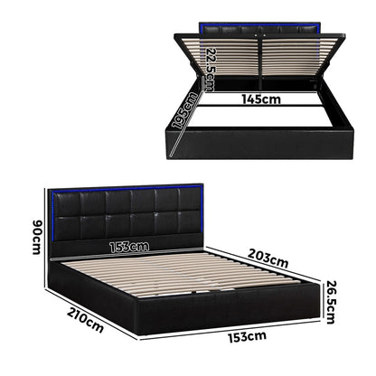 Bed Frame Queen Size RGB LED Gas Lift Storage Base Leather