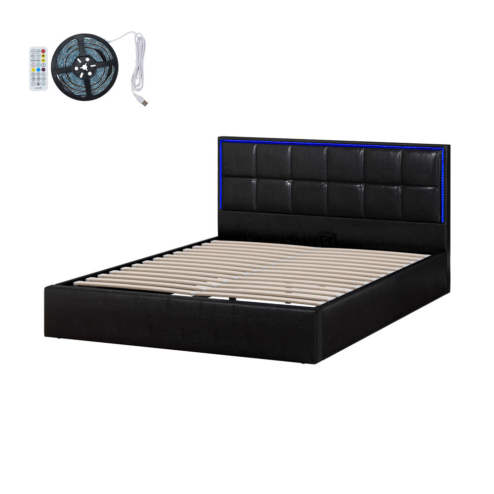 Bed Frame Queen Size RGB LED Gas Lift Storage Base Leather