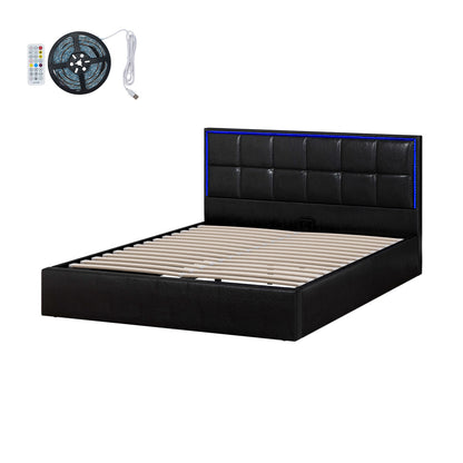 Bed Frame Queen Size RGB LED Gas Lift Storage Base Leather