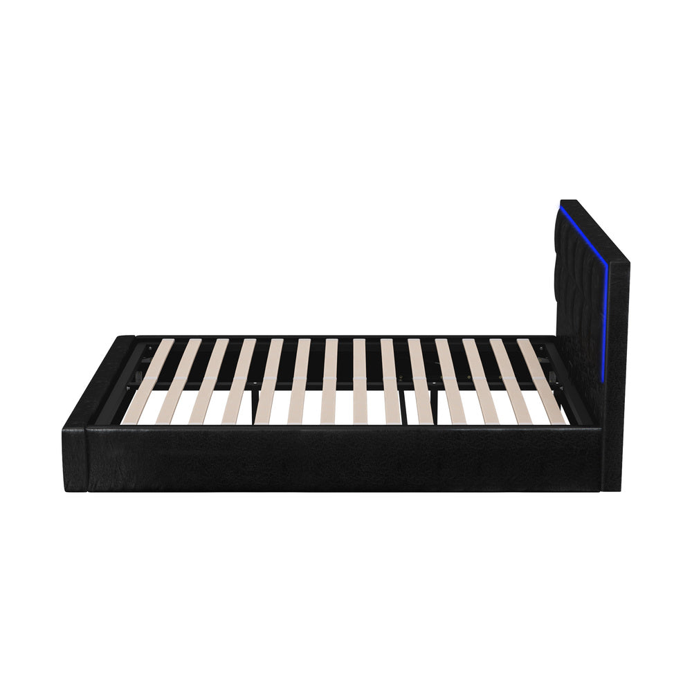 Bed Frame Queen Size RGB LED Gas Lift Storage Base Leather