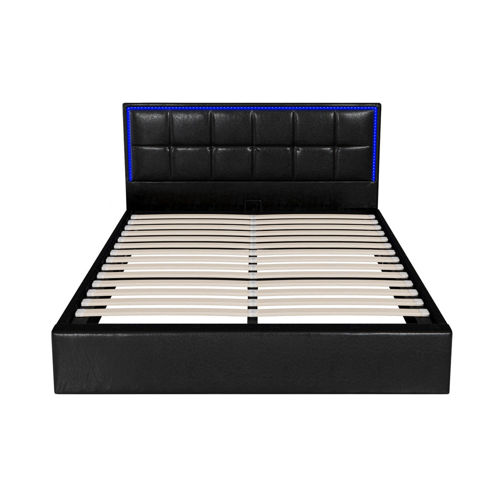 Bed Frame Queen Size RGB LED Gas Lift Storage Base Leather