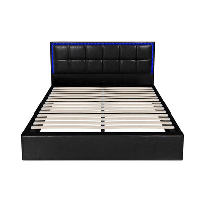 Bed Frame Queen Size RGB LED Gas Lift Storage Base Leather