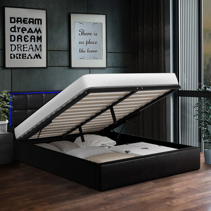 Bed Frame Queen Size RGB LED Gas Lift Storage Base Leather