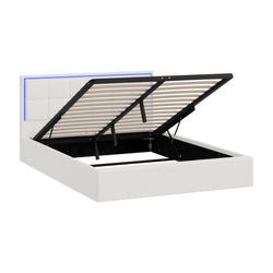 Bed Frame Queen Size RGB LED Gas Lift Storage Base White Boucle