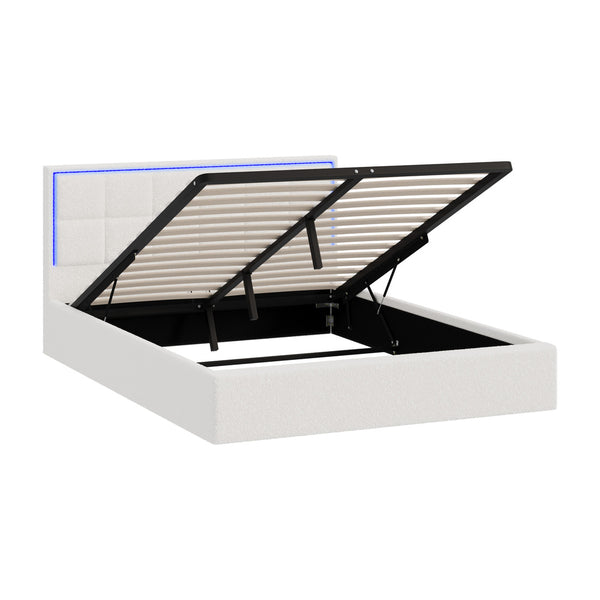  Bed Frame Queen Size RGB LED Gas Lift Storage Base White Boucle