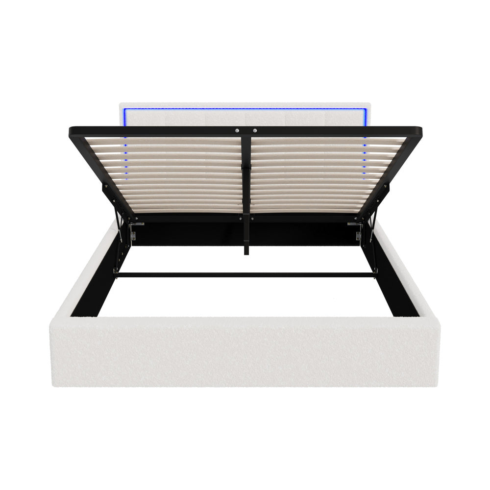 Bed Frame Queen Size RGB LED Gas Lift Storage Base White Boucle