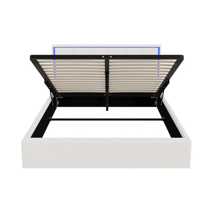 Bed Frame Queen Size RGB LED Gas Lift Storage Base White Boucle