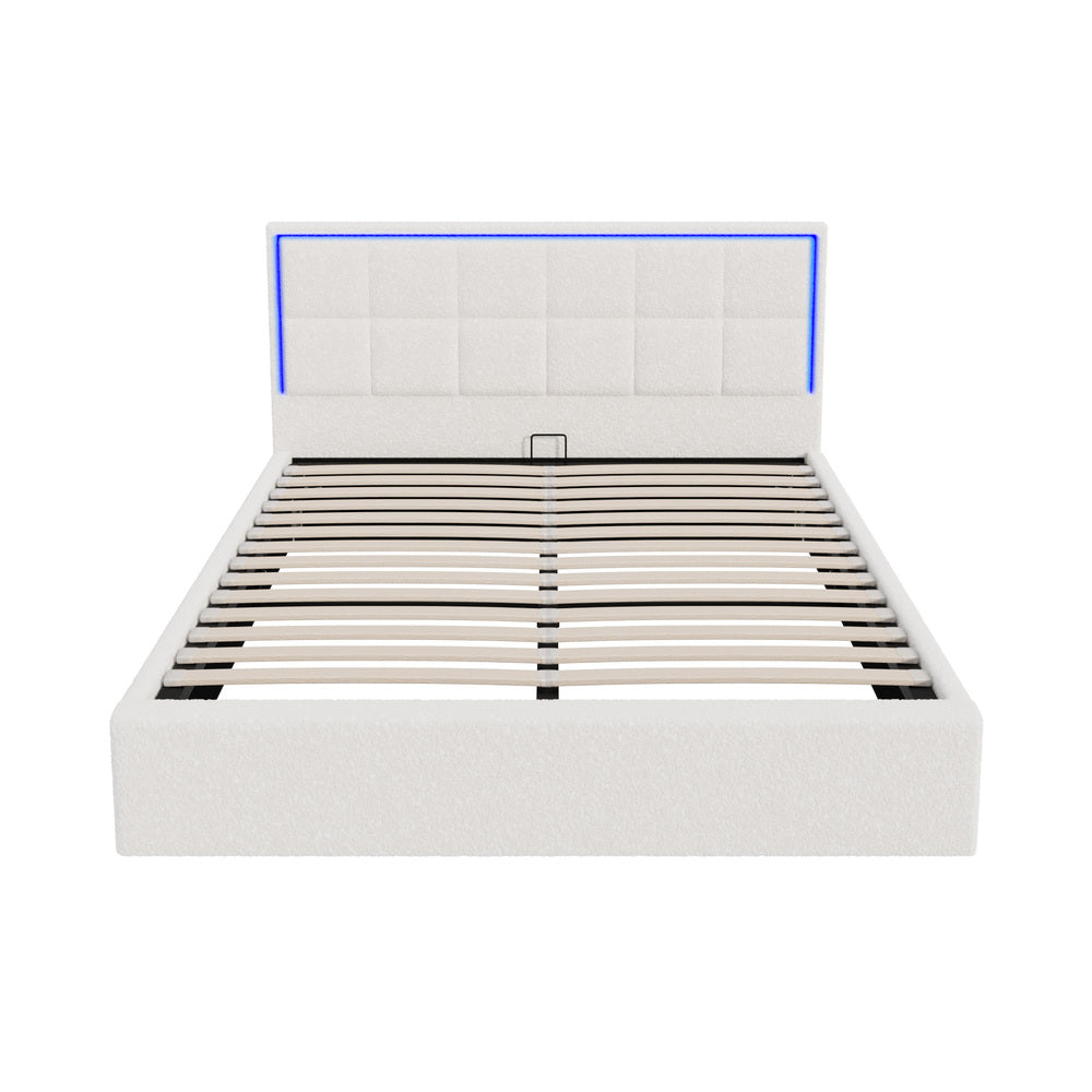Bed Frame Queen Size RGB LED Gas Lift Storage Base White Boucle