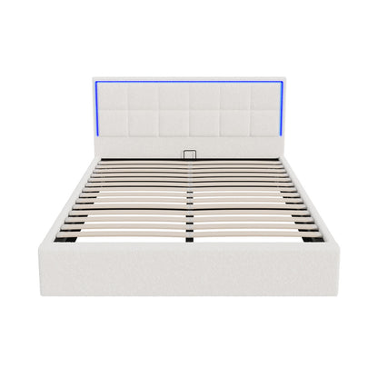 Bed Frame Queen Size RGB LED Gas Lift Storage Base White Boucle