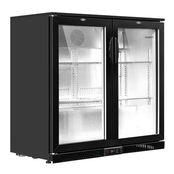  198L Bar Fridge Dual Glass Door W/Light Black