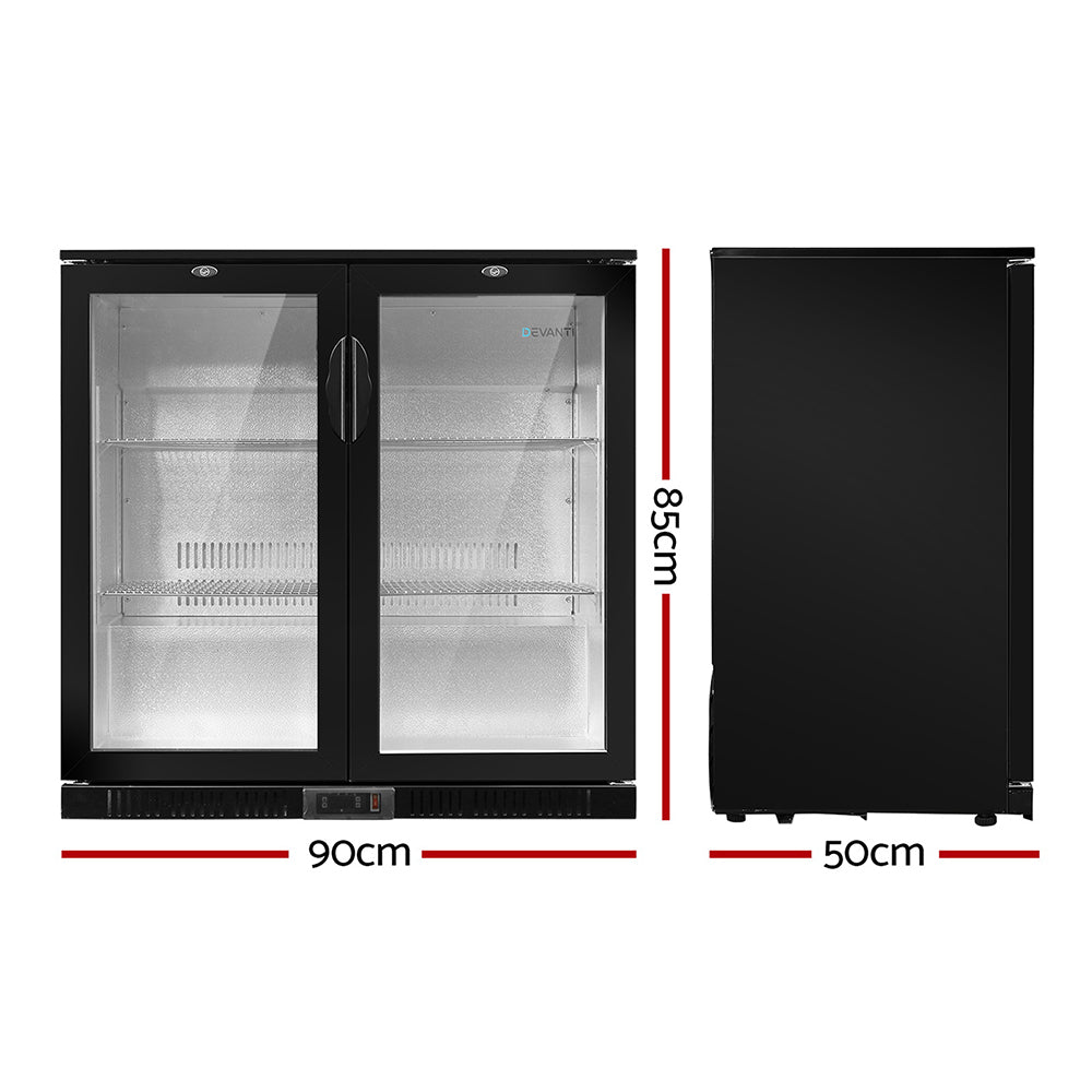 198L Bar Fridge Dual Glass Door W/Light Black