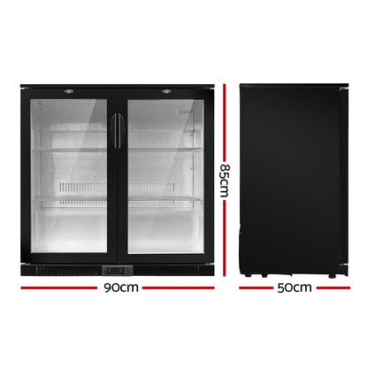 198L Bar Fridge Dual Glass Door W/Light Black