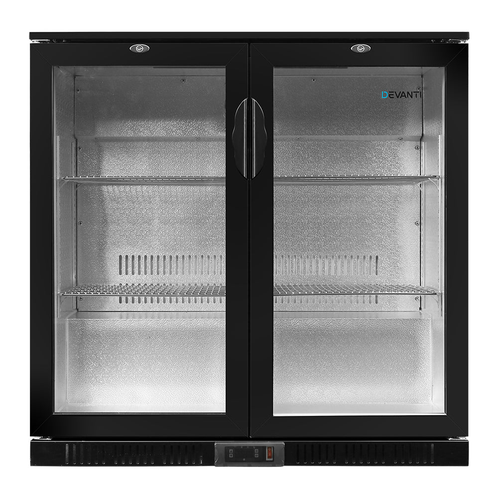 198L Bar Fridge Dual Glass Door W/Light Black