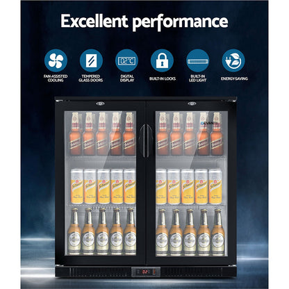 198L Bar Fridge Dual Glass Door W/Light Black