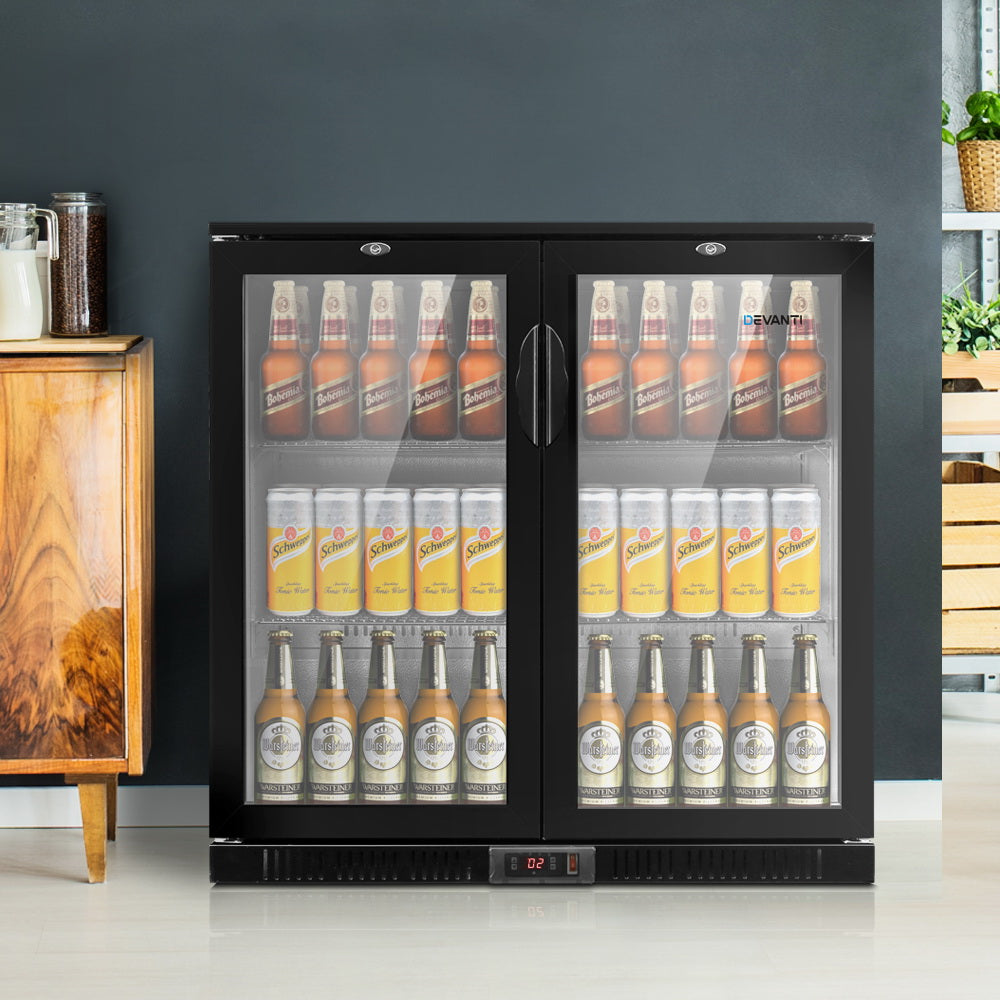 198L Bar Fridge Dual Glass Door W/Light Black
