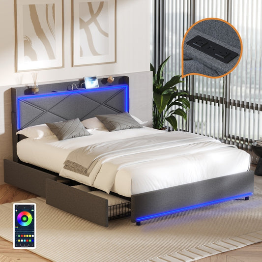 Bed Frame Double with LED Headboard Charging Port 4 Drawers