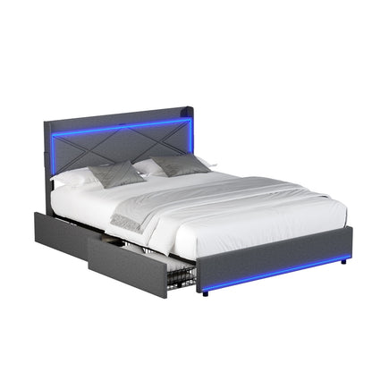 Bed Frame Double with LED Headboard Charging Port 4 Drawers