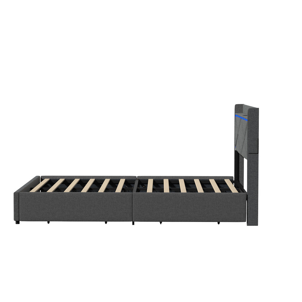Bed Frame Double with LED Headboard Charging Port 4 Drawers