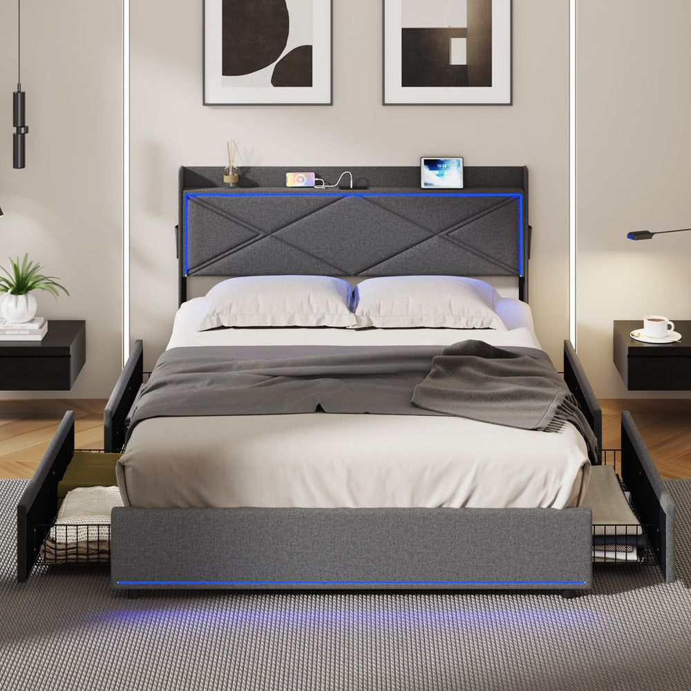 Bed Frame Double with LED Headboard Charging Port 4 Drawers