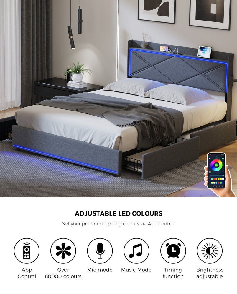 Bed Frame Double with LED Headboard Charging Port 4 Drawers