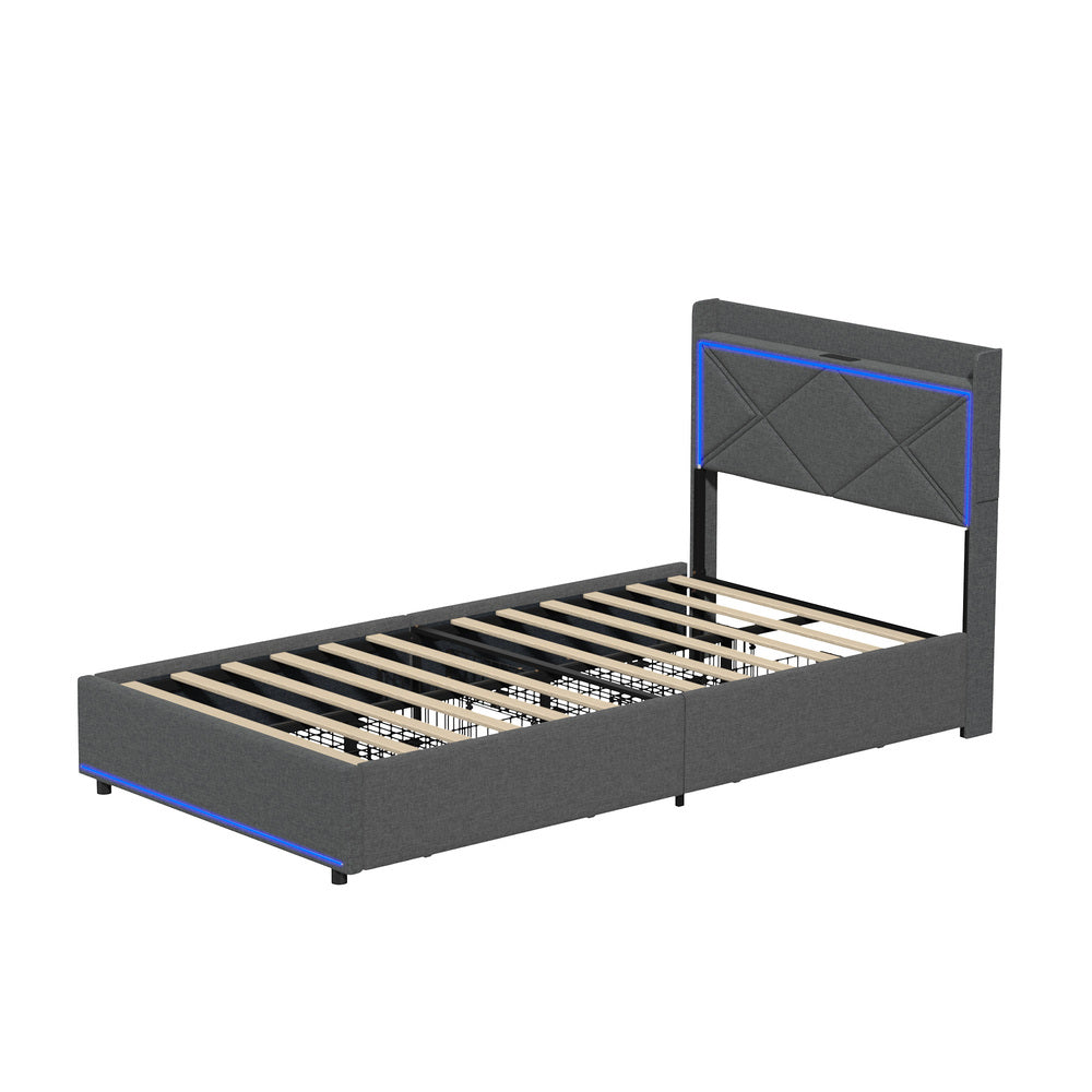 Bed Frame King Single with LED Headboard Charging 4 Drawers