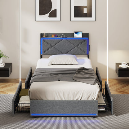 Bed Frame King Single with LED Headboard Charging 4 Drawers