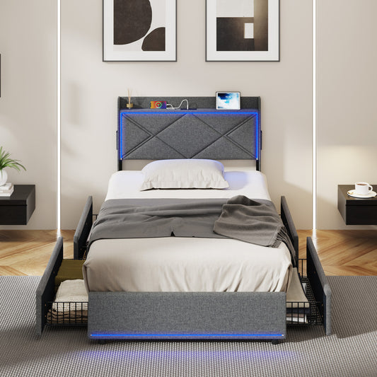 Bed Frame King Single with LED Headboard Charging 4 Drawers